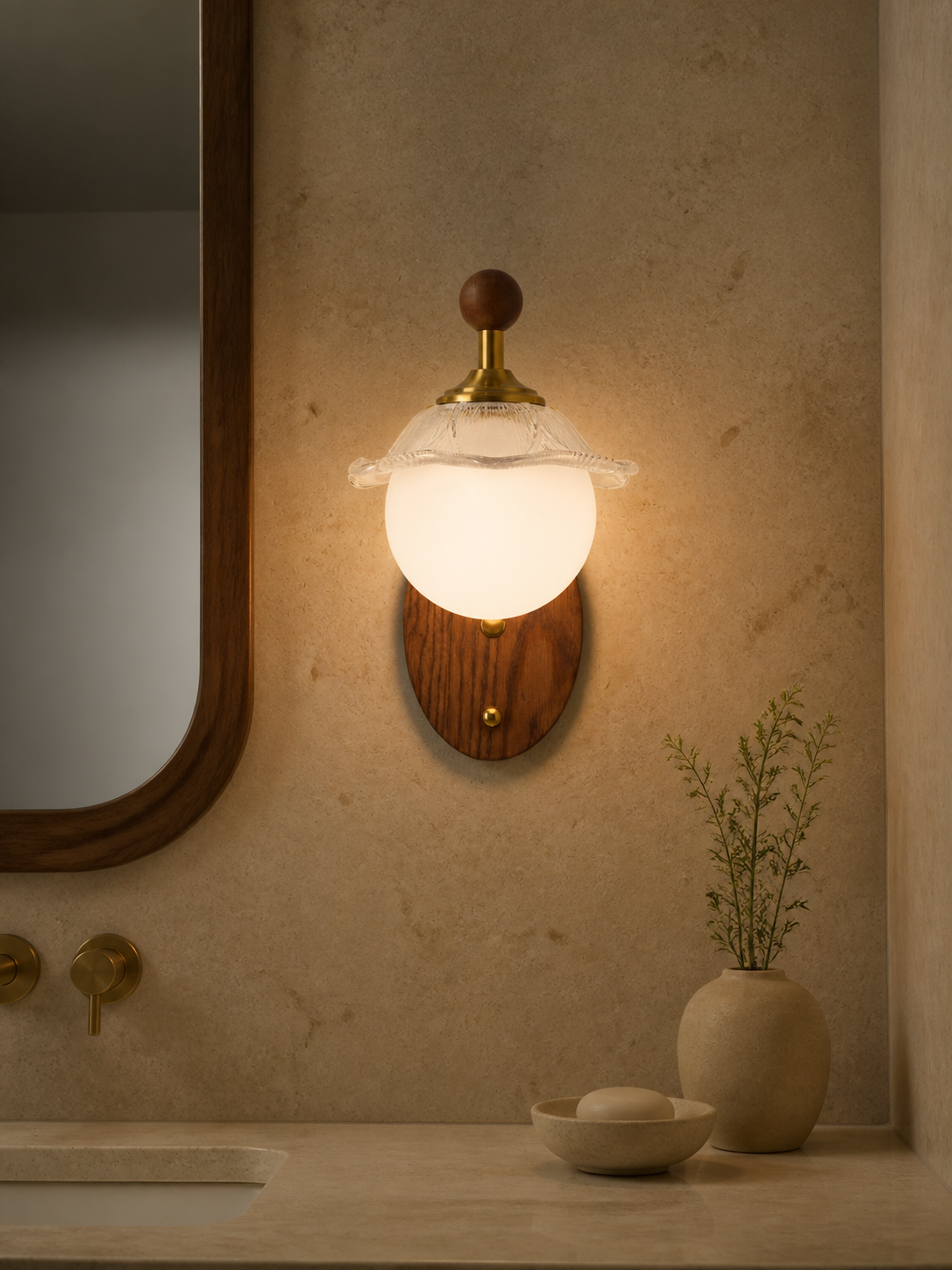 
Mirelune Opal Globe and  Wood Wall Sconce