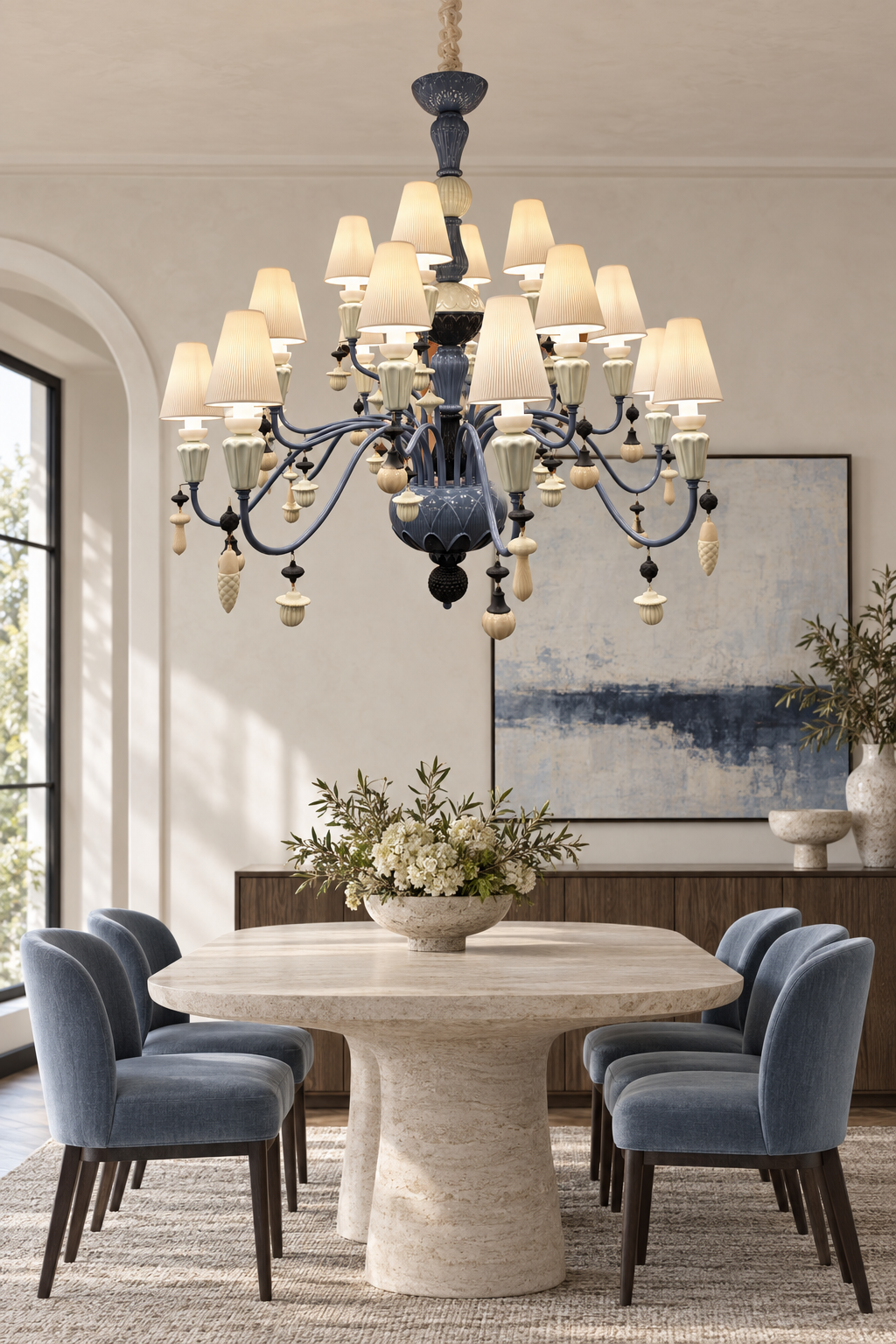 
Mirevelle Blue-Gray Botanical Ceramic Chandelier – Custom Project