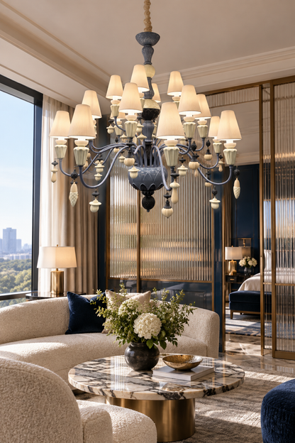 Mirevelle Blue-Gray Botanical Ceramic Chandelier – Custom Project